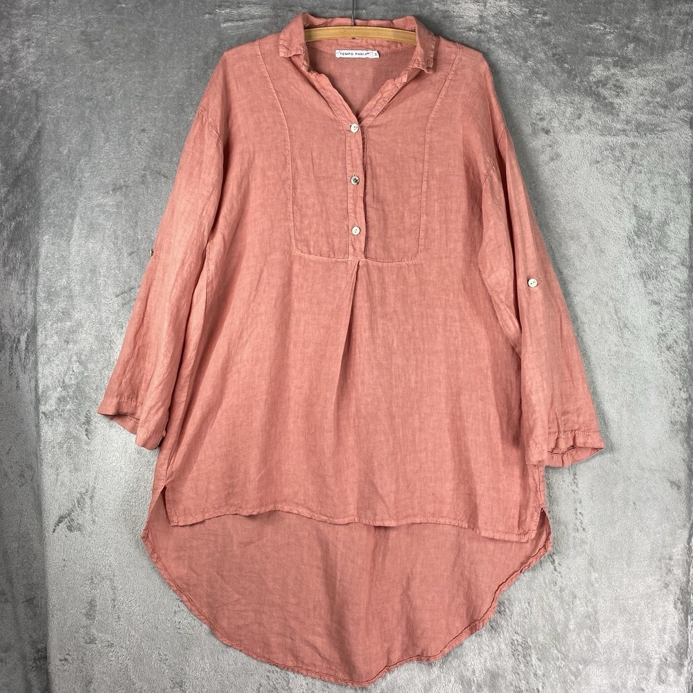 Tempo Paris Top Womens Size M Pink Coral Linen Longline Tunic Popover Roll Tab